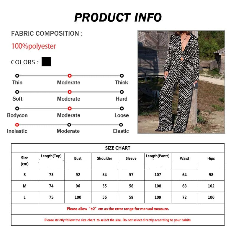 Black Print, Button Pockets Long Sleeve Shirts And High Waist Straight Trousers Set