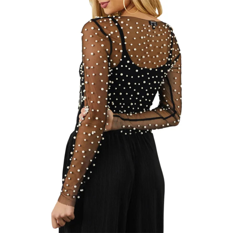 Mesh Top with Pearls,  Round Neck Long Sleeve
