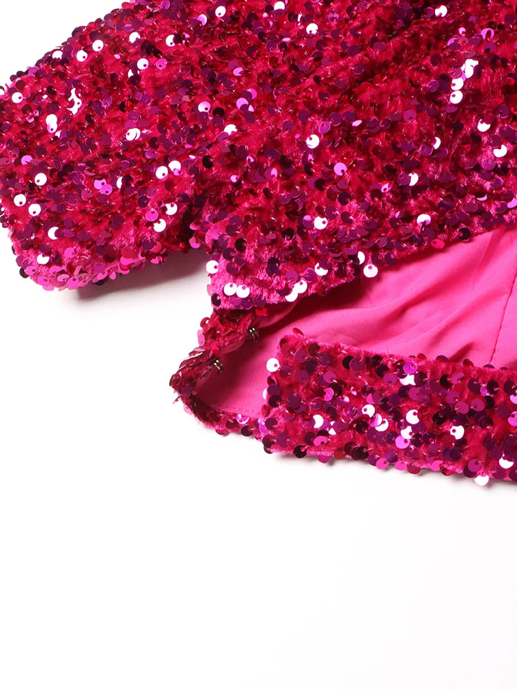Two Piece Sets, Stand Collar Short Sleeve Spliced Sequins Tops High Waist Skirt Chic.
