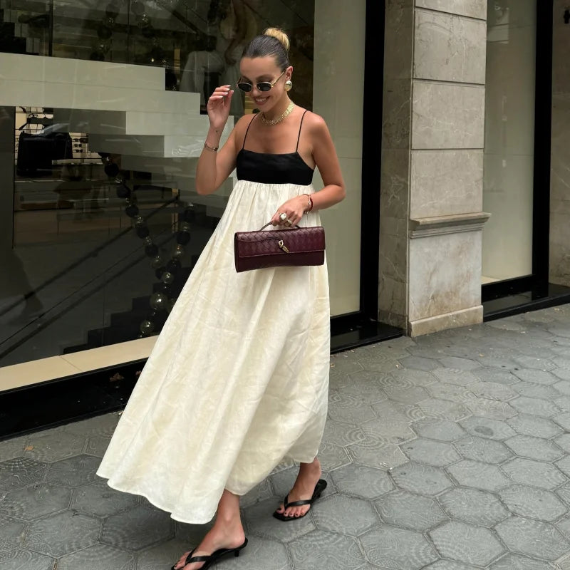 Contrasting Color  Out Sling Maxi Dress Women Backless Loose Dresses.