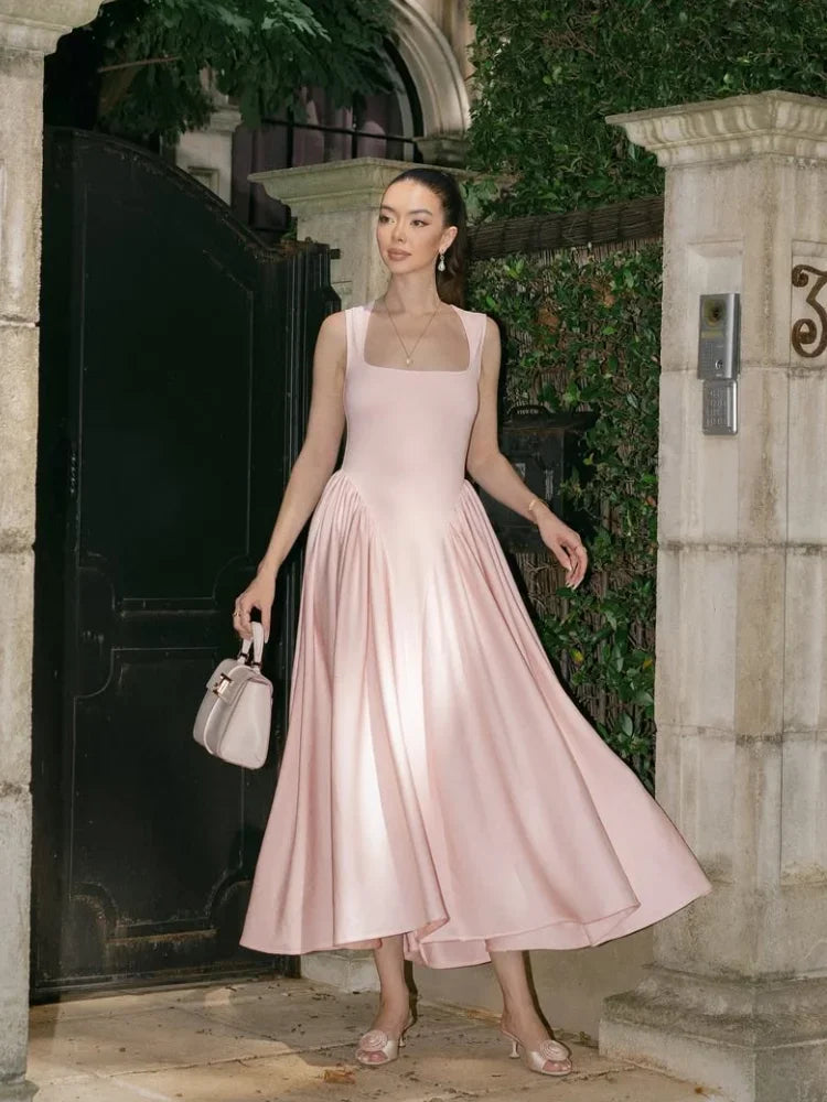 Square Collar Waist Cinched Slimming Pleated Fishbone Fluffy Long Dresses