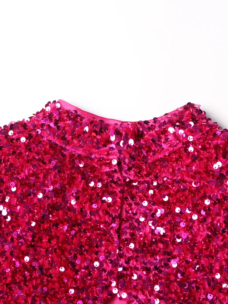 Two Piece Sets, Stand Collar Short Sleeve Spliced Sequins Tops High Waist Skirt Chic.