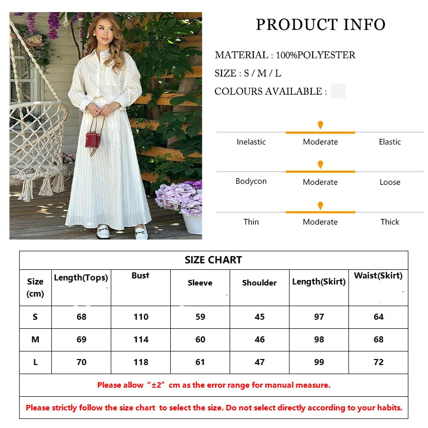 Loose Stripe Two Pieces Set, Long Sleeve Shirt With High Waist Long Skirt.