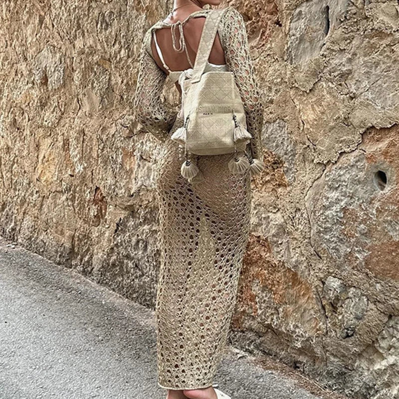 Round Collar, Long Sleeve Wrap Knitting Dress.