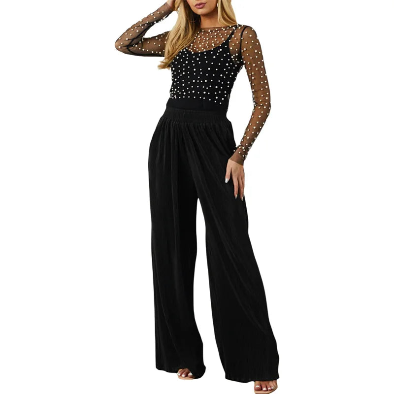 Mesh Top with Pearls,  Round Neck Long Sleeve