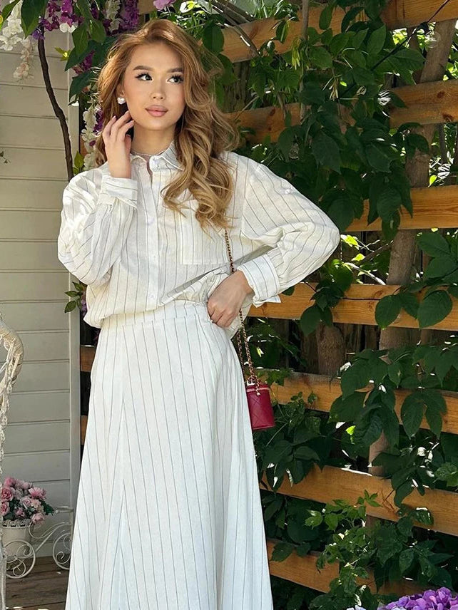 Loose Stripe Two Pieces Set, Long Sleeve Shirt With High Waist Long Skirt.