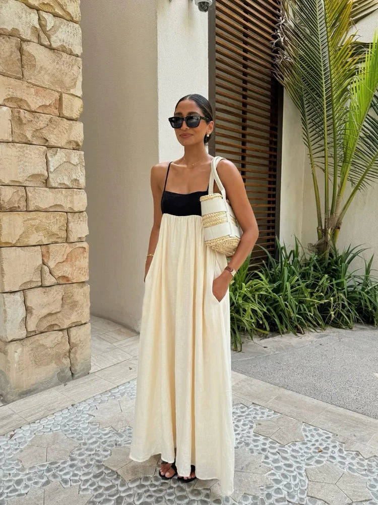 Contrasting Color  Out Sling Maxi Dress Women Backless Loose Dresses.