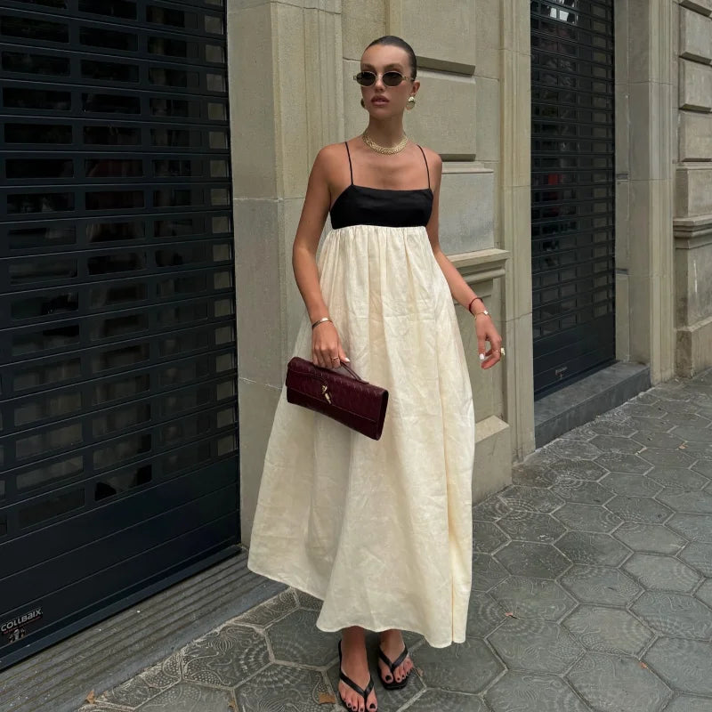 Contrasting Color  Out Sling Maxi Dress Women Backless Loose Dresses.