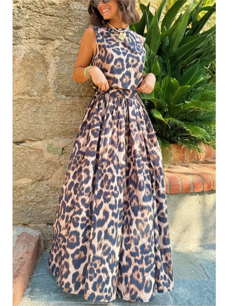 Leopard Print, Backless Leace-up Cropped Top High Waist A-line Skirt.