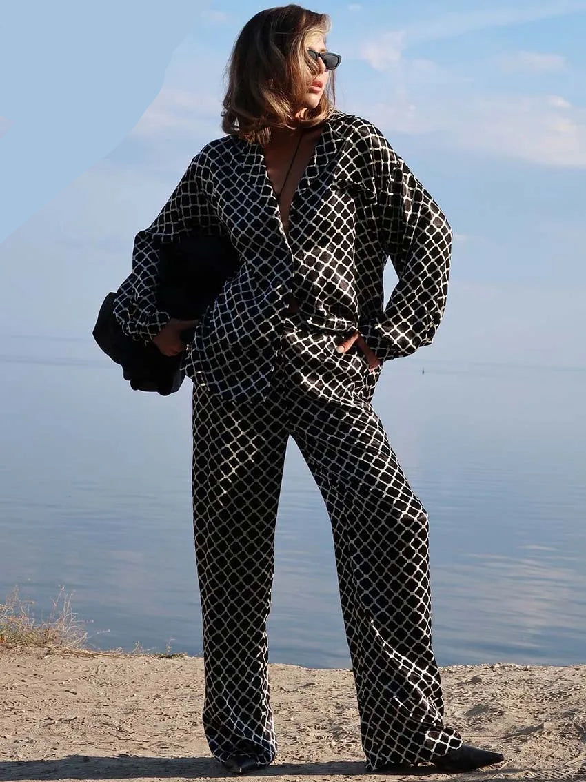 Black Print, Button Pockets Long Sleeve Shirts And High Waist Straight Trousers Set