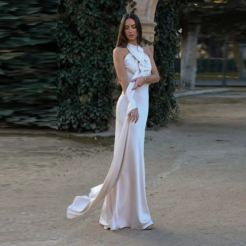 Solid Backless Off Shoulder Dress.