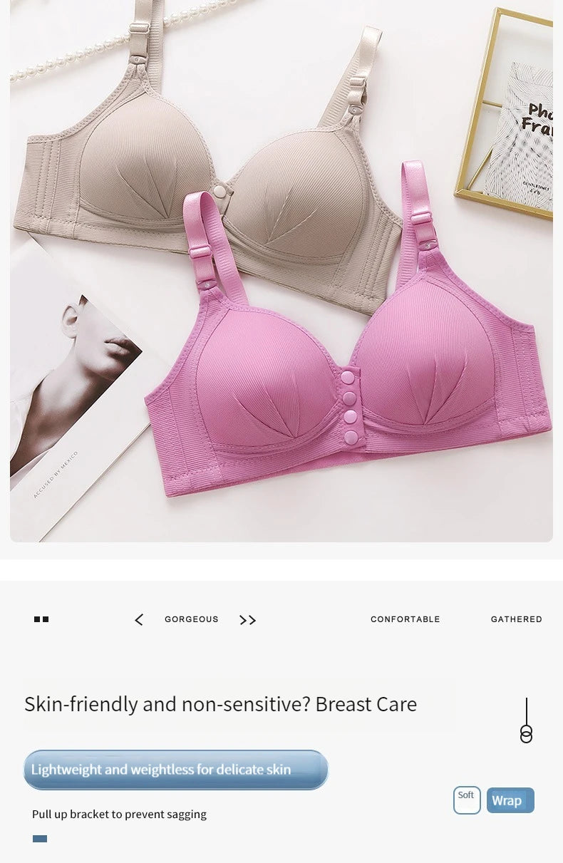 Front button bra underwear no underwire breathable comfortable traceless invisible hollow print adjustable@G102