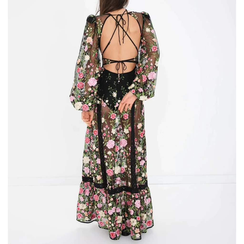 Summer Beachwear Lace See-through Sheer Long Dress.