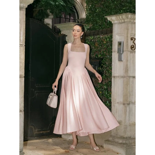 Square Collar Waist Cinched Slimming Pleated Fishbone Fluffy Long Dresses