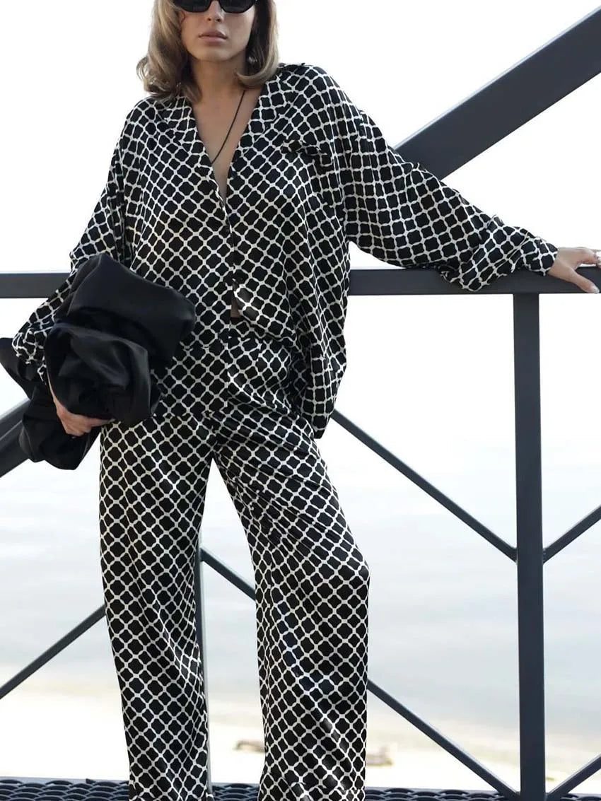 Black Print, Button Pockets Long Sleeve Shirts And High Waist Straight Trousers Set