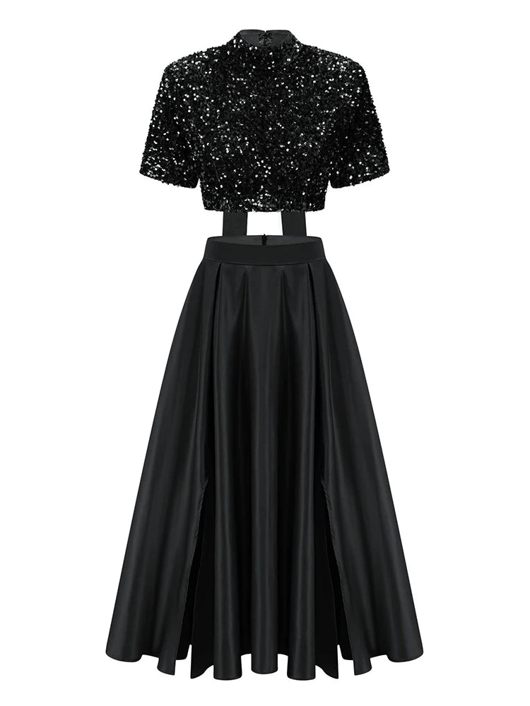 Two Piece Sets, Stand Collar Short Sleeve Spliced Sequins Tops High Waist Skirt Chic.