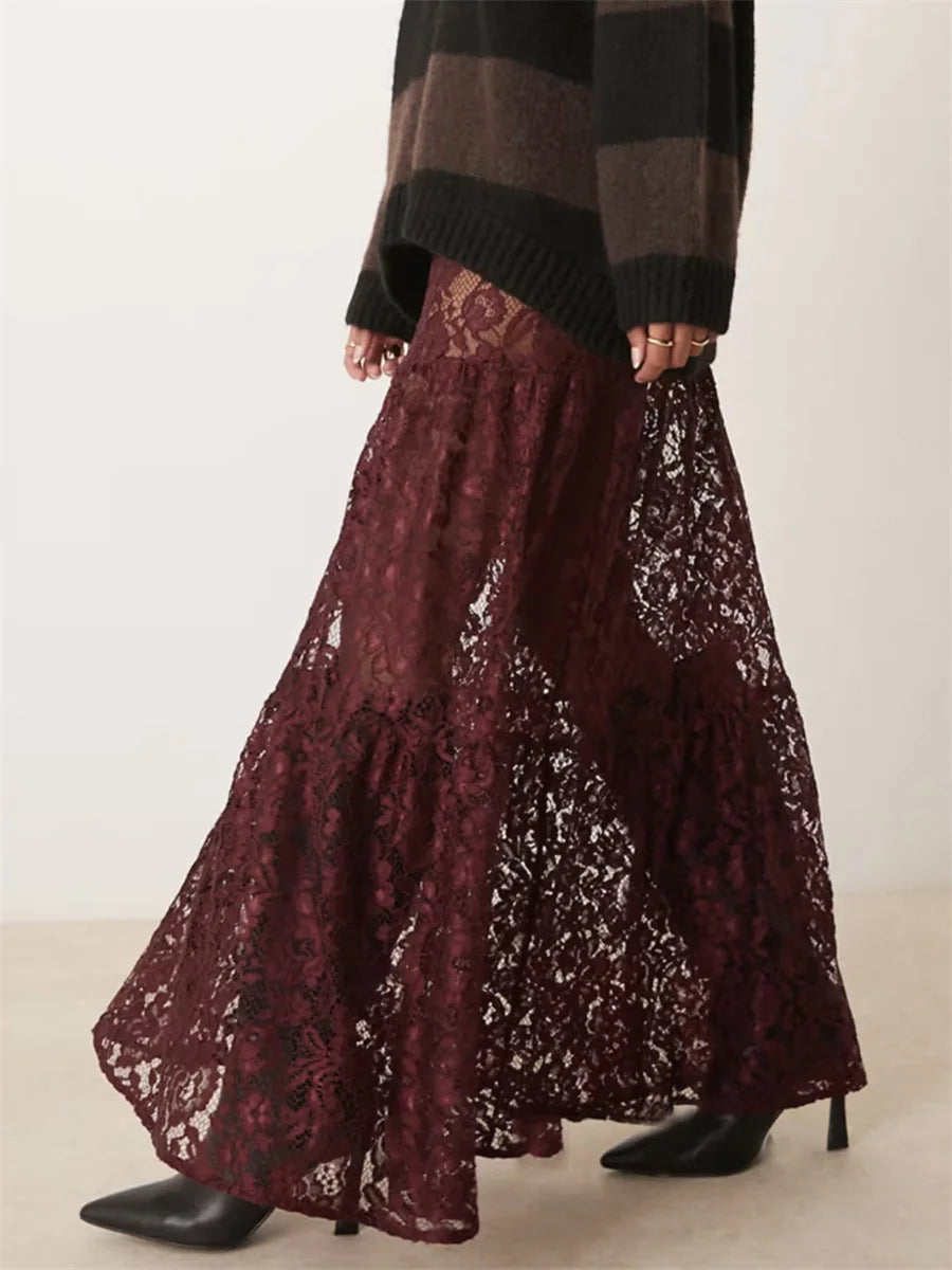 Mesh Vintage Floral A-Line Long Skirts