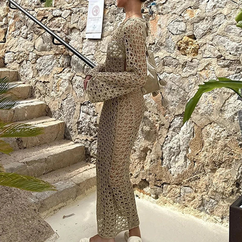 Round Collar, Long Sleeve Wrap Knitting Dress.