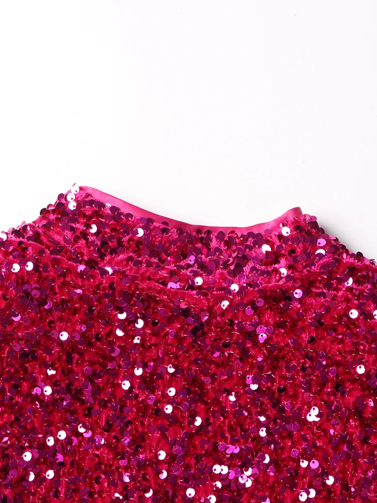 Two Piece Sets, Stand Collar Short Sleeve Spliced Sequins Tops High Waist Skirt Chic.