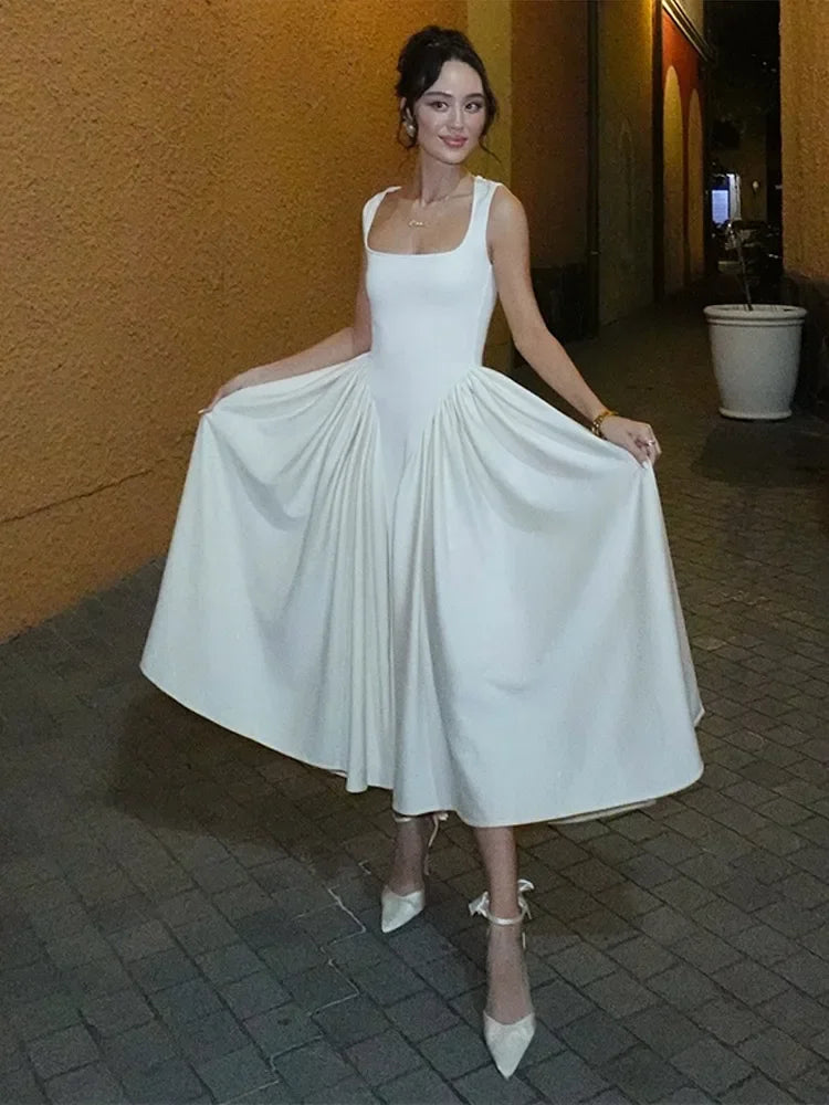 Square Collar Waist Cinched Slimming Pleated Fishbone Fluffy Long Dresses