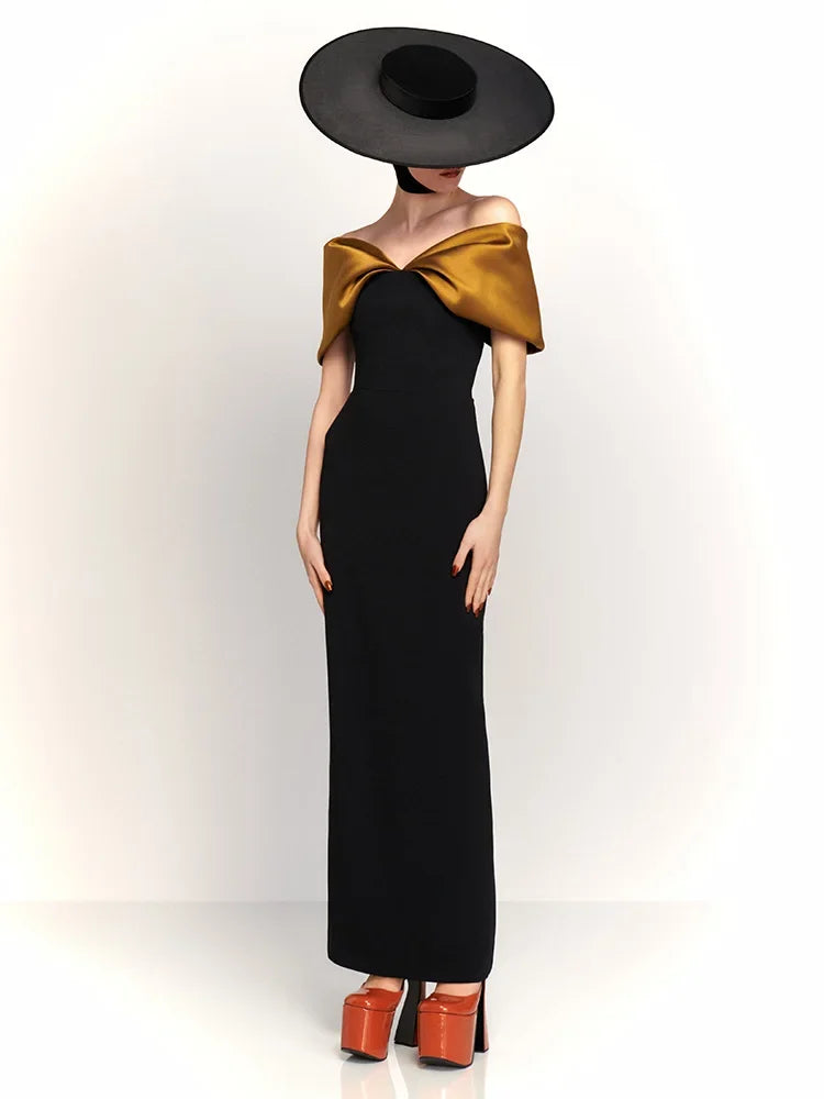 Satin Patchwork Off Shoulder Maxi Dress