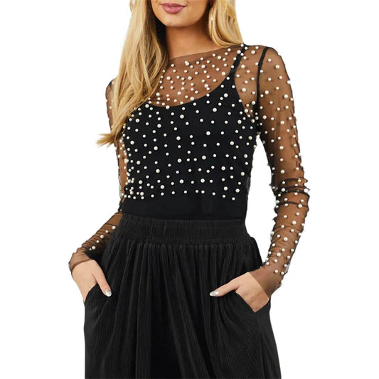 Mesh Top with Pearls,  Round Neck Long Sleeve