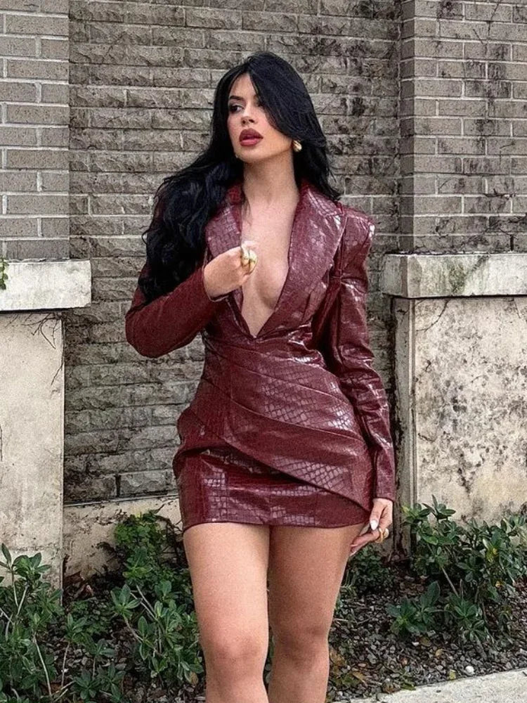 New V-Neck Long Sleeve Leather Short Dress.