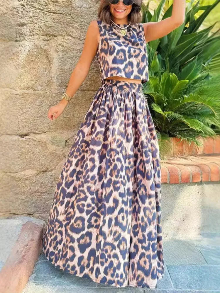 Leopard Print, Backless Leace-up Cropped Top High Waist A-line Skirt.