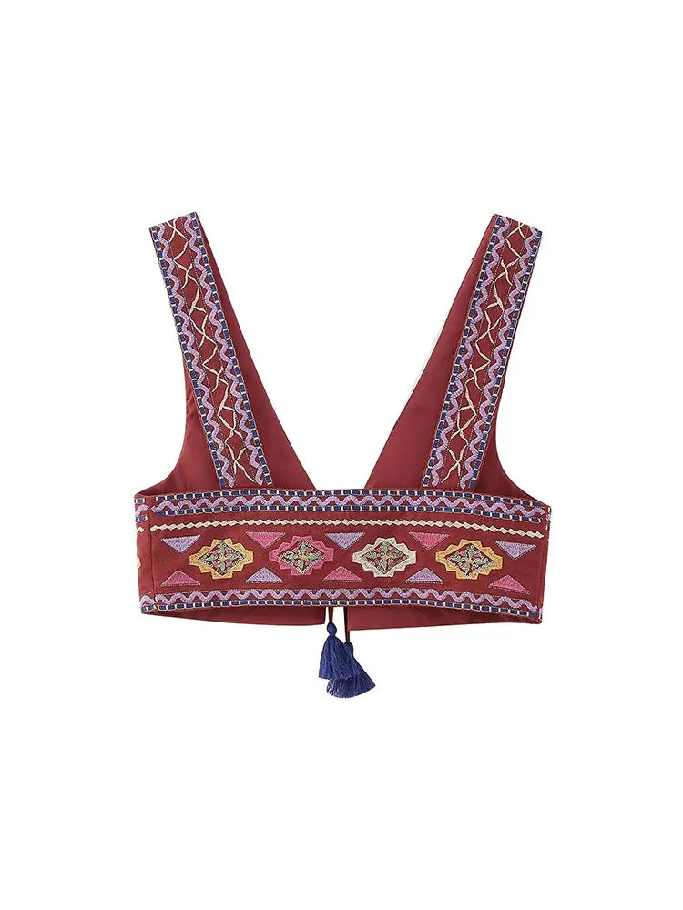 Embroidery  Waistcoats Summer Lightweight  Neck Sleeveless Tassels.