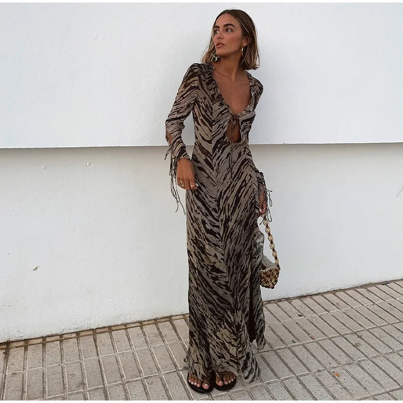 Casual Tiger Stripe Lace Up Women Dress.
