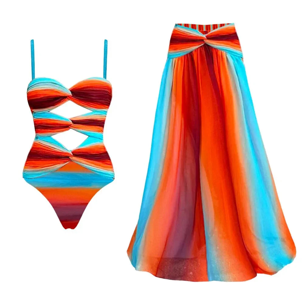 Blue-Orange Gradient Hollow One Piece  Skirt Women.