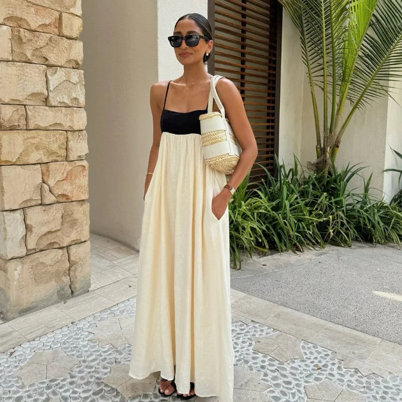 Contrasting Color  Out Sling Maxi Dress Women Backless Loose Dresses.