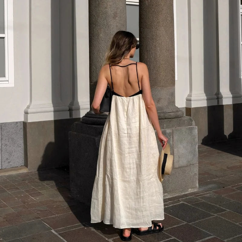 Contrasting Color  Out Sling Maxi Dress Women Backless Loose Dresses.