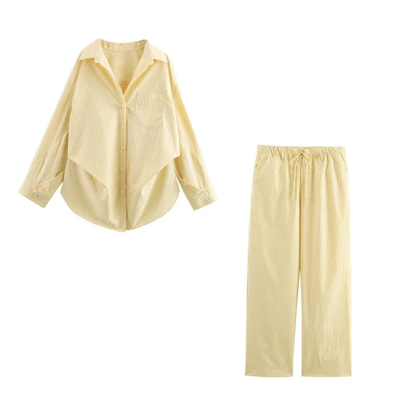 Long-sleeved, Striped Loose Shirt, High Waist Trousers Suit