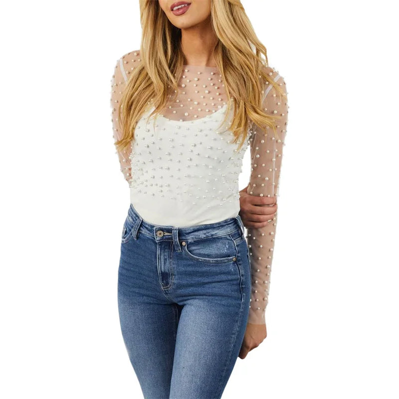 Mesh Top with Pearls,  Round Neck Long Sleeve