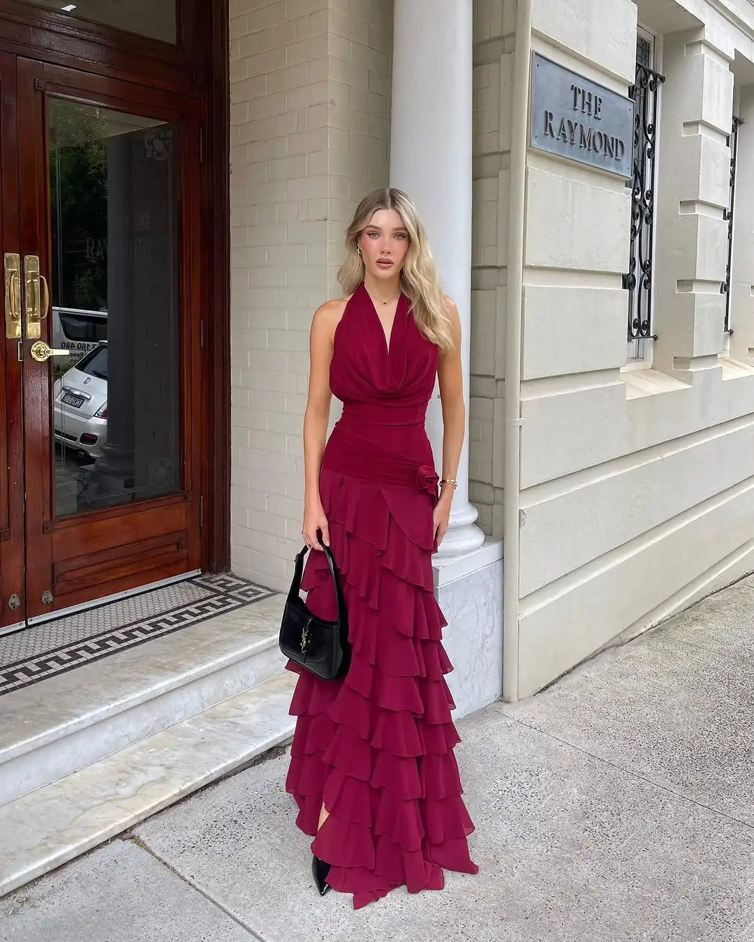 Dark Red Layer Hem Split, Backless Pleated Neck Sleeveless Long Robes