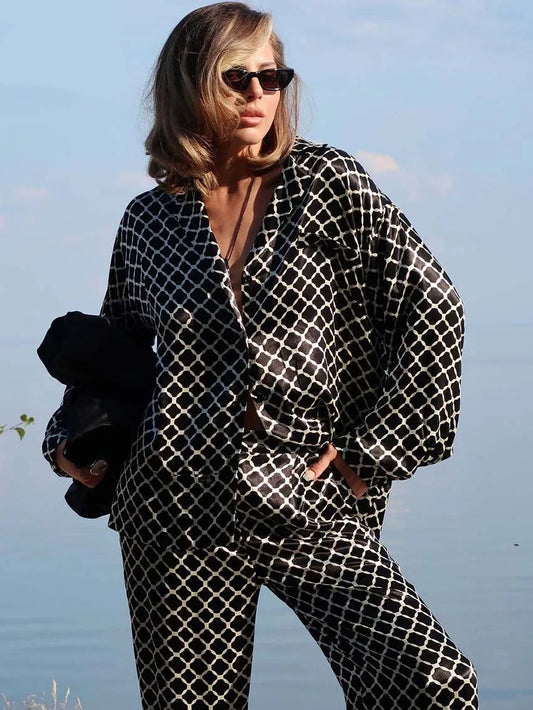 Black Print, Button Pockets Long Sleeve Shirts And High Waist Straight Trousers Set