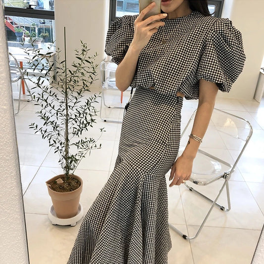High Waist Bodycon Fishtail Skirts Sets Mermaid Short Sleeve Plaid Shirt