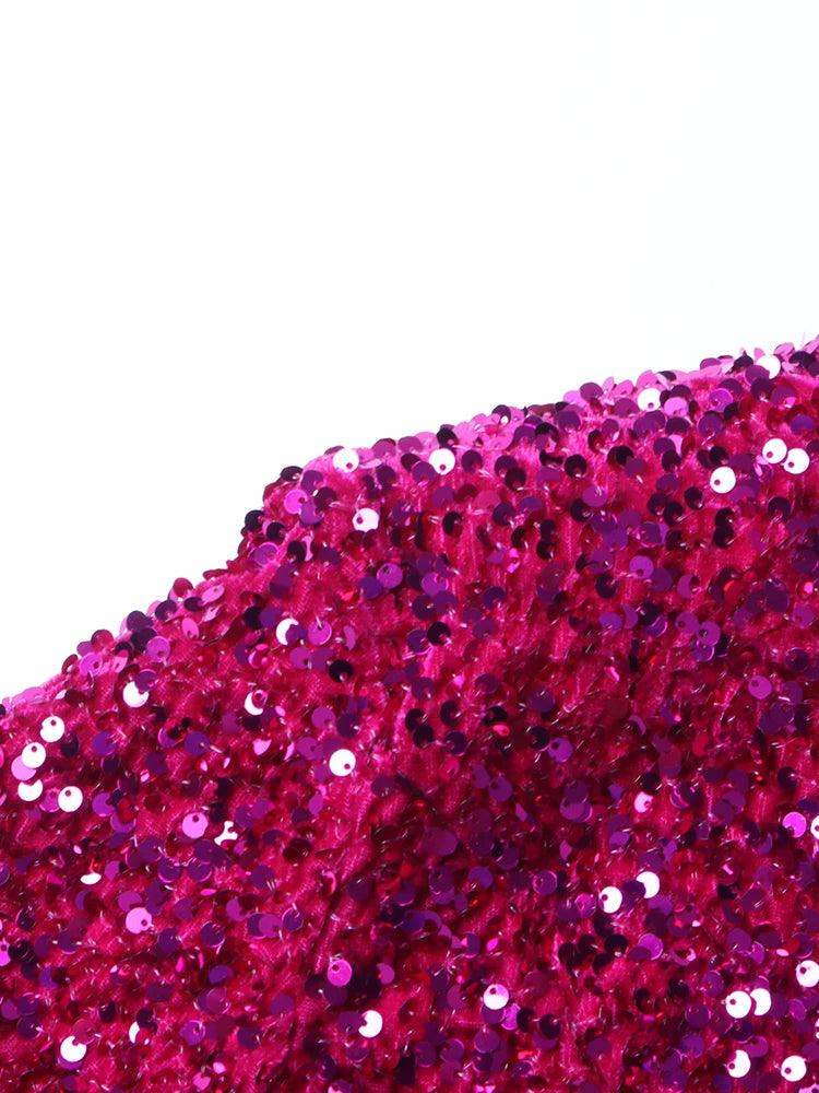Two Piece Sets, Stand Collar Short Sleeve Spliced Sequins Tops High Waist Skirt Chic.
