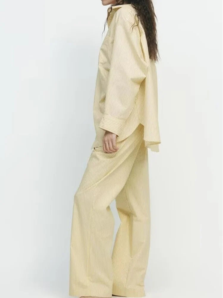 Long-sleeved, Striped Loose Shirt, High Waist Trousers Suit
