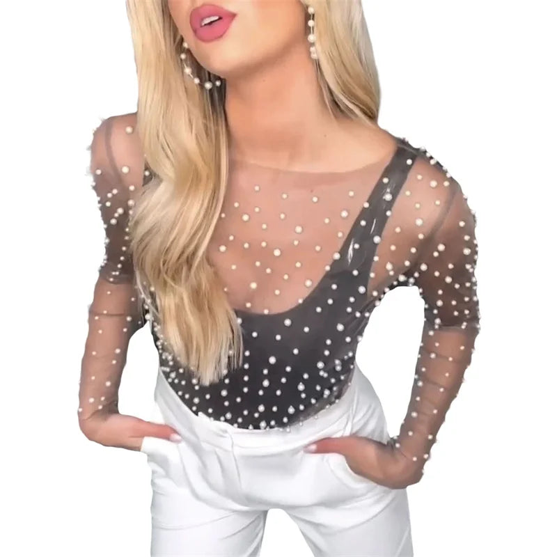 Mesh Top with Pearls,  Round Neck Long Sleeve