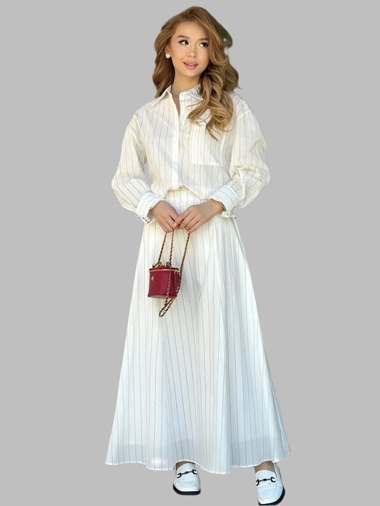 Loose Stripe Two Pieces Set, Long Sleeve Shirt With High Waist Long Skirt.
