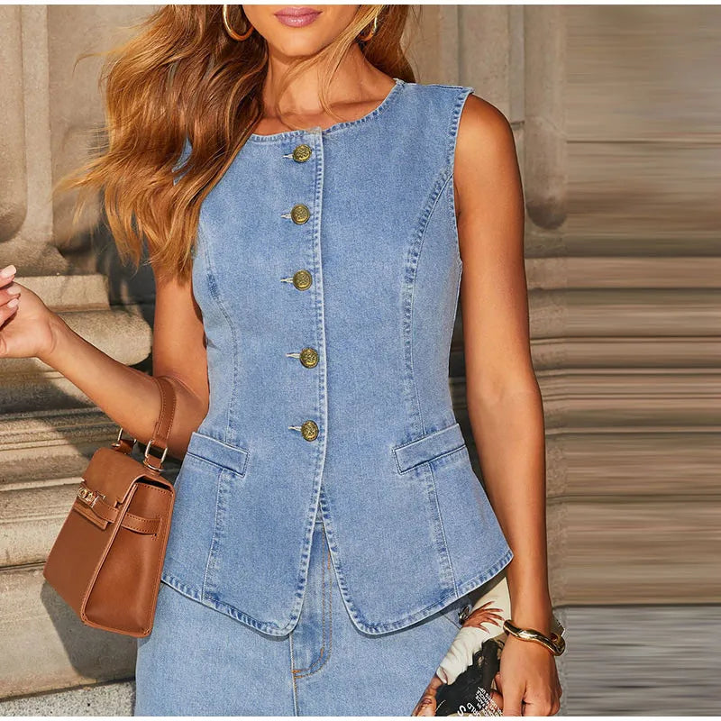 Metal Buttons, Vest With High Waist Wide Leg Jeans.