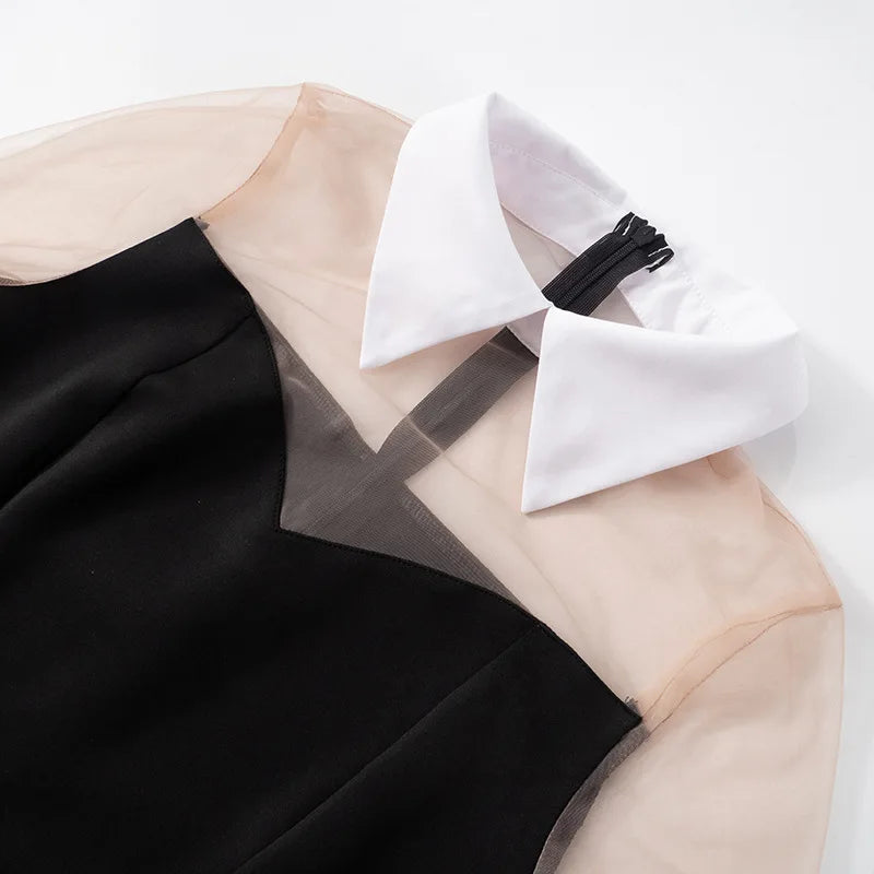 Mesh Patchwork A-line, Turn Down Neck Mini Dress.