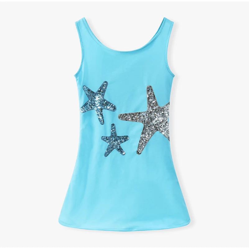 Chic Sparkling Star Print Ruffle Mini Dresses.