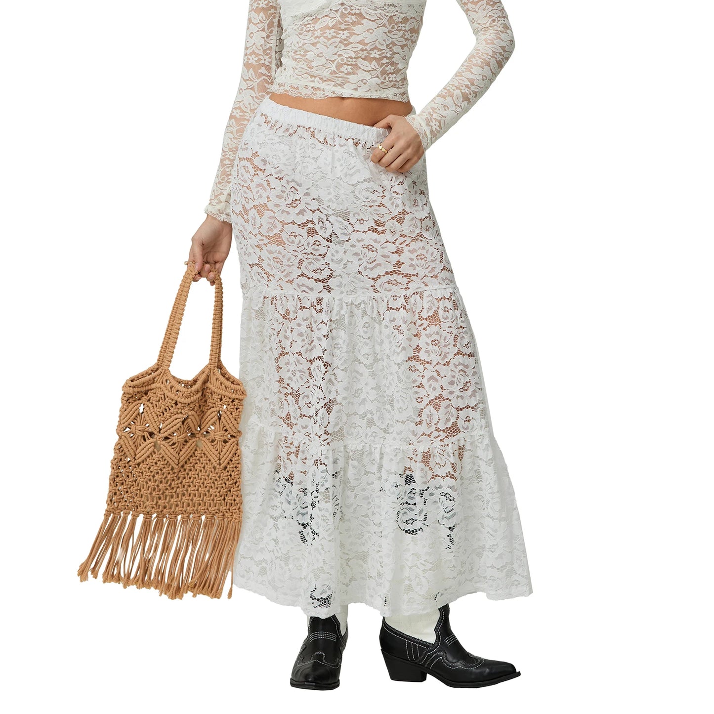 Mesh Vintage Floral A-Line Long Skirts