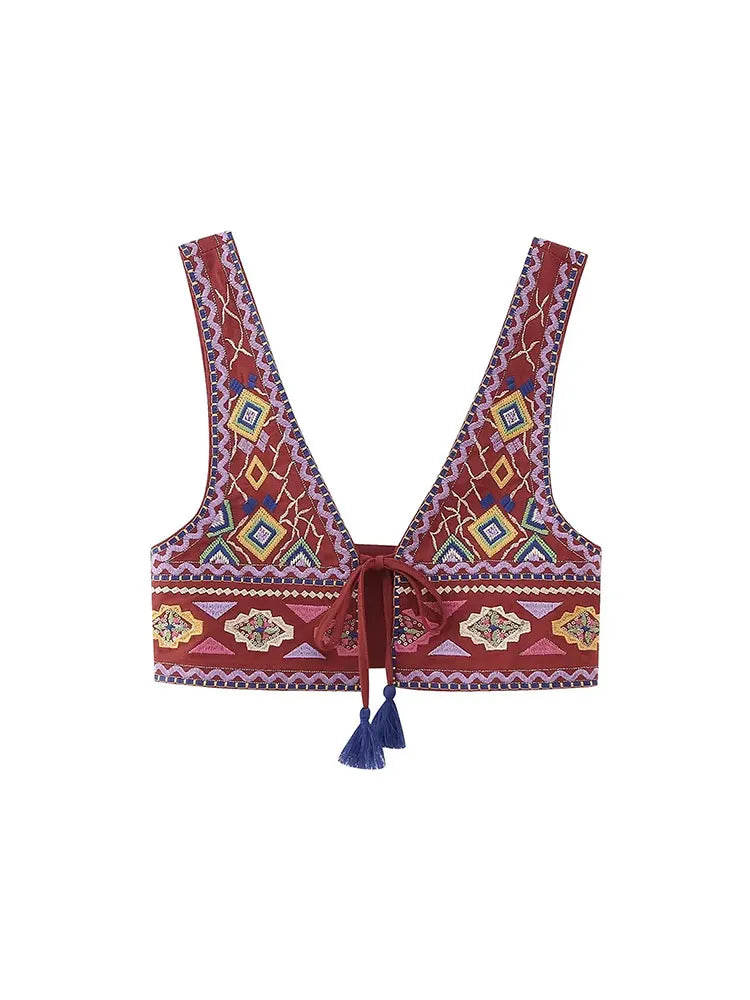 Embroidery  Waistcoats Summer Lightweight  Neck Sleeveless Tassels.