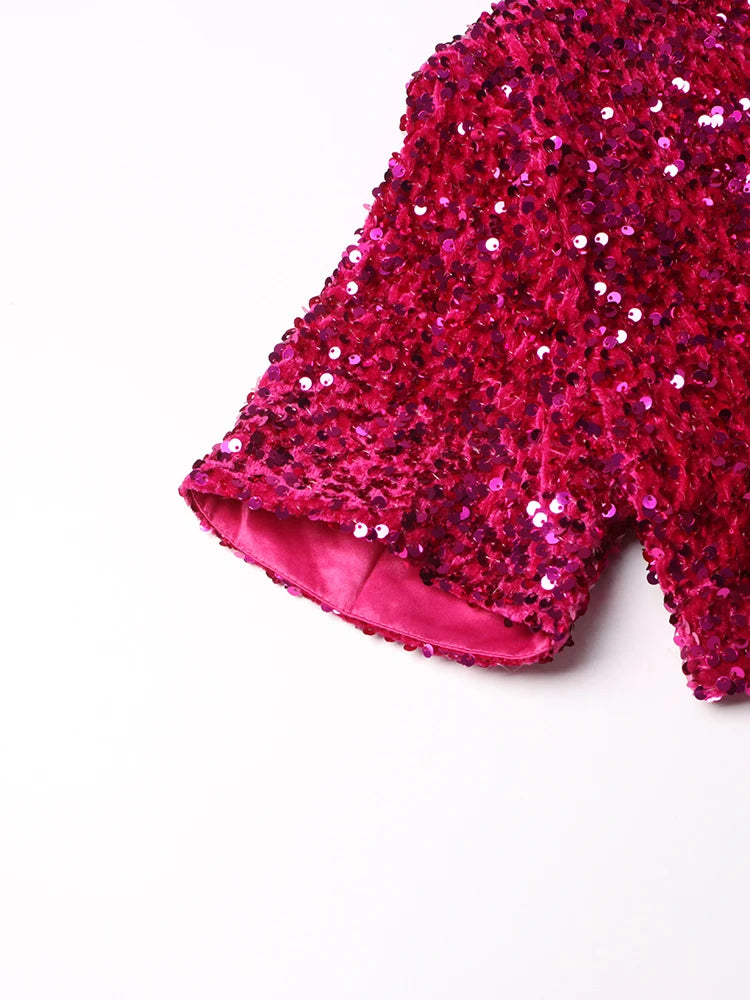 Two Piece Sets, Stand Collar Short Sleeve Spliced Sequins Tops High Waist Skirt Chic.