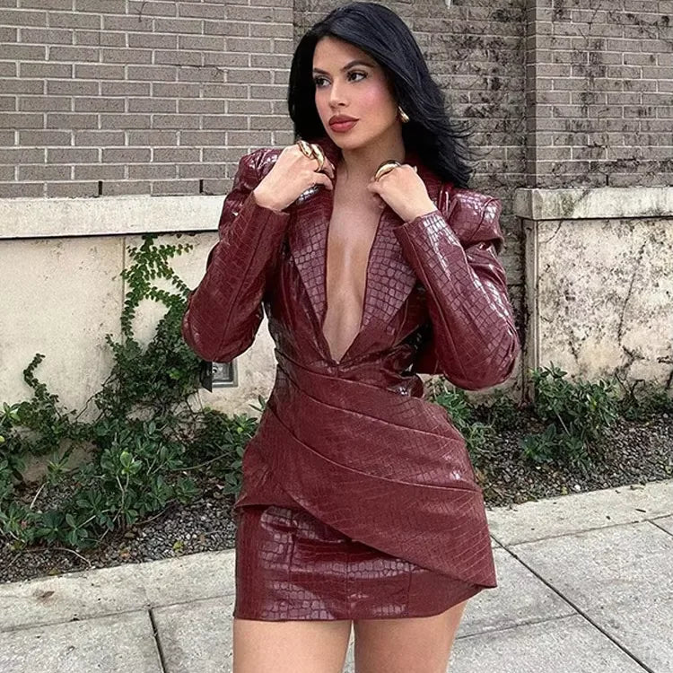 New V-Neck Long Sleeve Leather Short Dress.