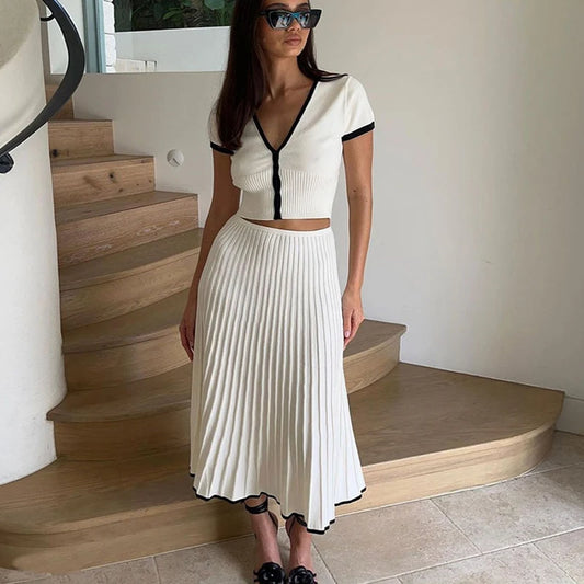 White long Skirt, Short Sleeve V-neck Crop Top.